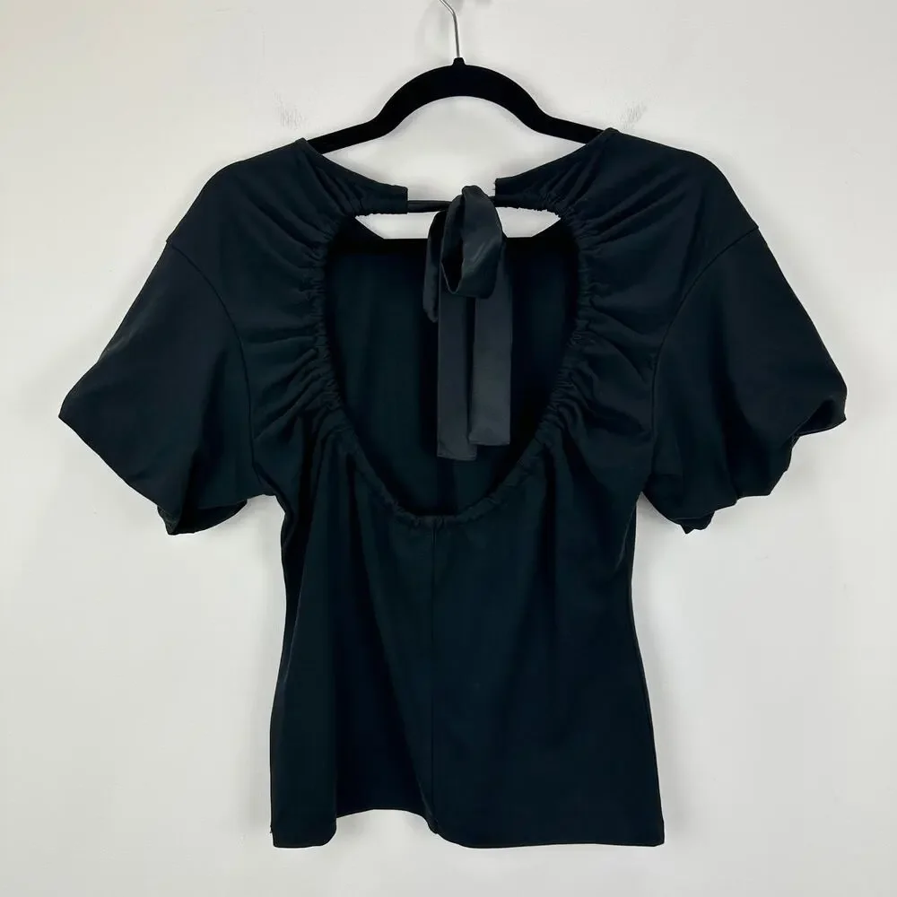 J.Crew Open Back Puff Sleeve Top Stretch Cotton Satin Bow Preppy Small NWT